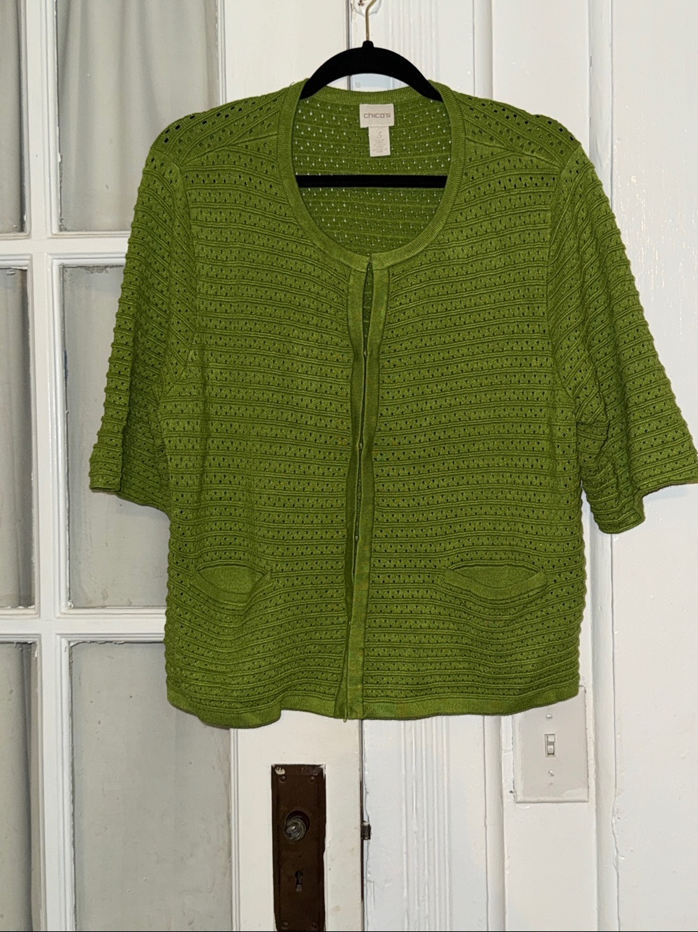 Chico's Celille Short‎ Sleeve  Coastal Knit Cardigan in Lime Green